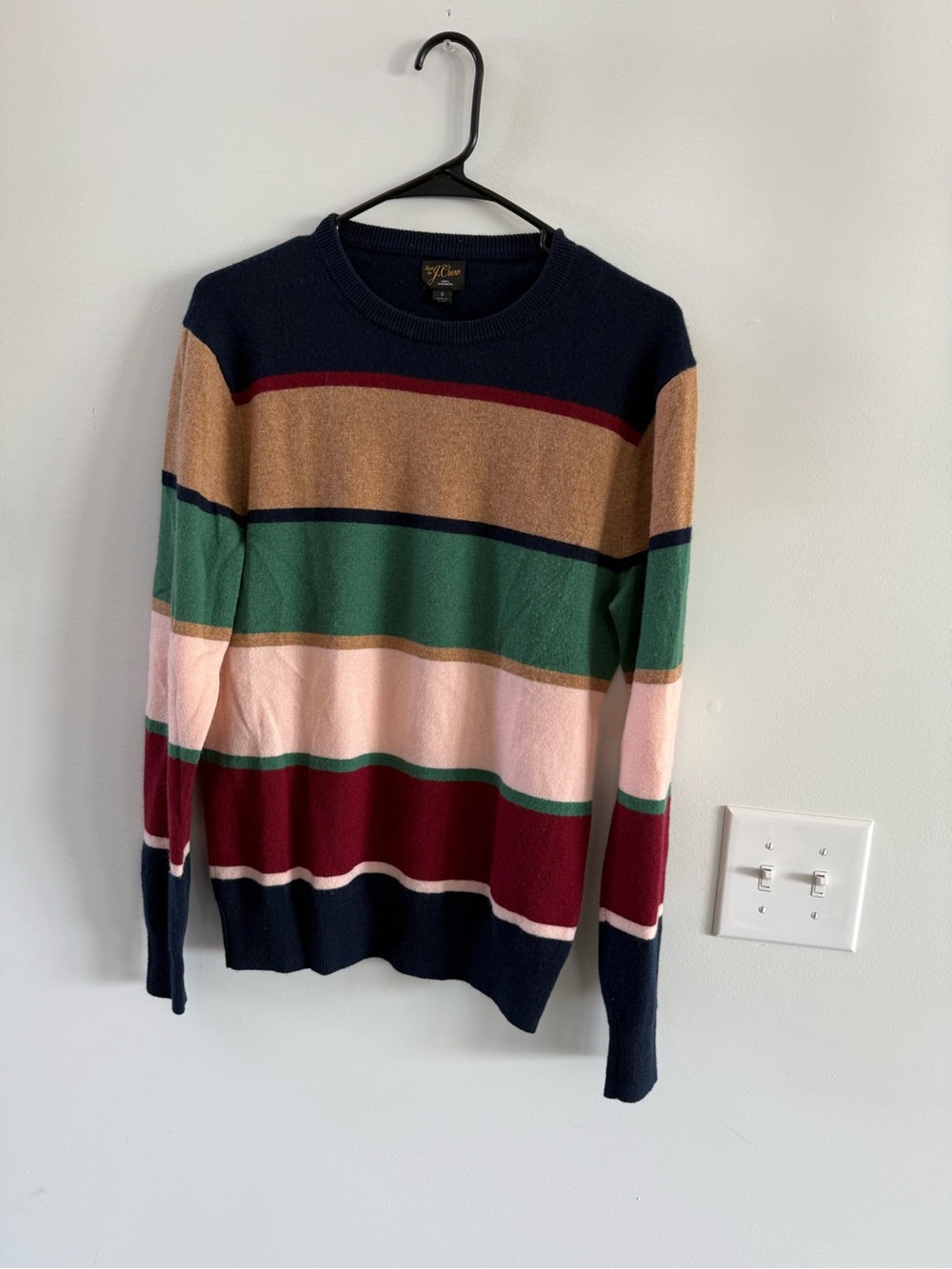 J. Crew Men's Navy, Tan, Green, Pink & Burgundy Striped Crewneck Sweater